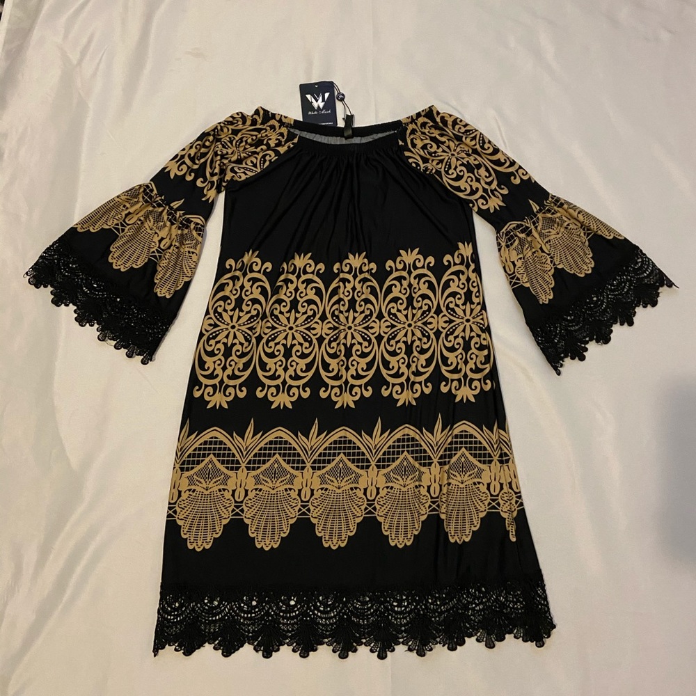 WHITEMARK black and gold off shoulder boho dress